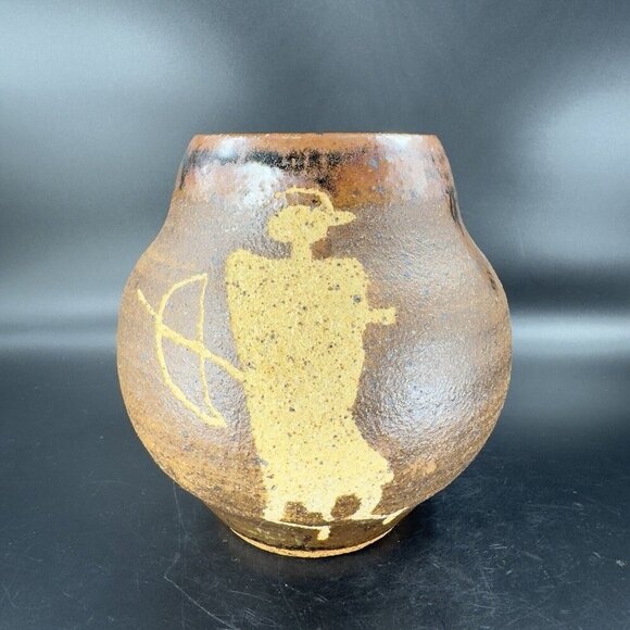 1997 Hand Made Primitive Style Pottery Vase Vessel Carved Brown Drip Glaze Vase - Picture 10 of 16